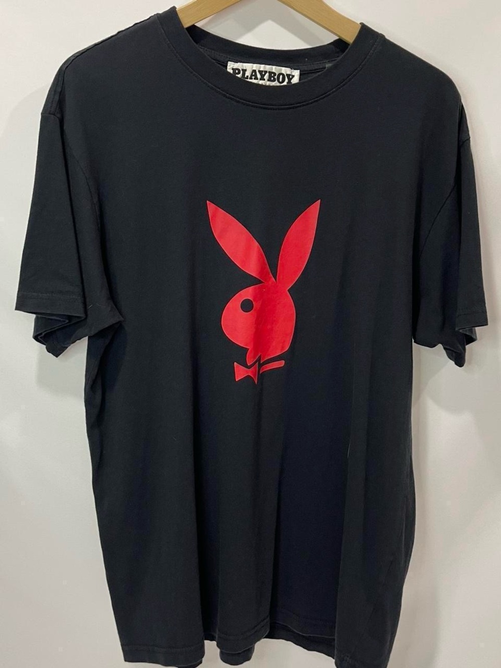 PLAYBOY Black Tee with Red Bunny Graphic